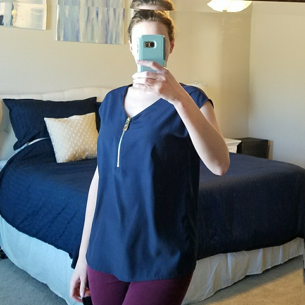 Michael Kors Navy Cap Sleeve Zip front Top